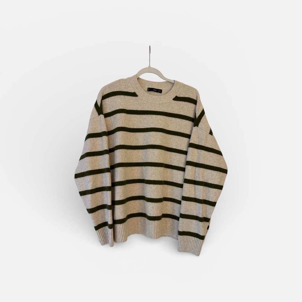 Stylish Beige and Green Striped Crewneck Sweater
